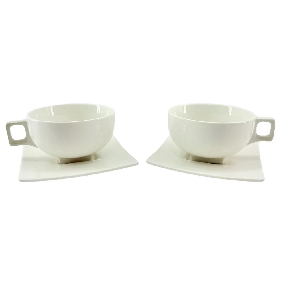 Tea Forté Cup & Saucer‎ Set 2 – White Porcelain Contemporary Square Design NWOB